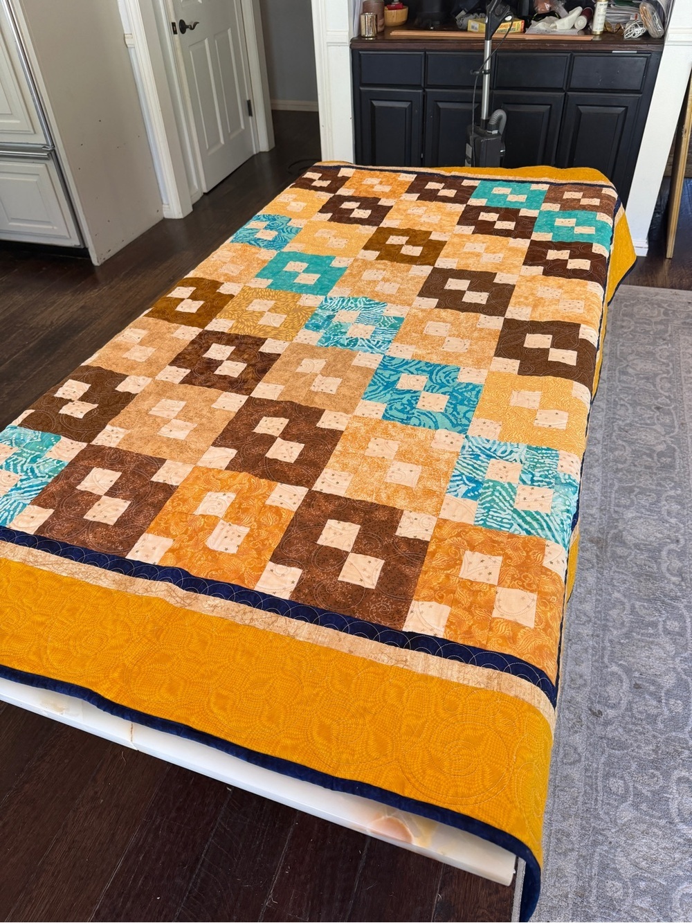 Vintage Patchwork Quilt in Mustard, Brown & Teal Accents